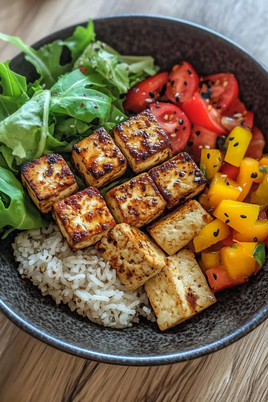 A vibrant low carb tofu meal prep dish with golden-crusted tofu cubes, colorful vegetables, and a sprinkle of fresh herbs on a rustic plate.
