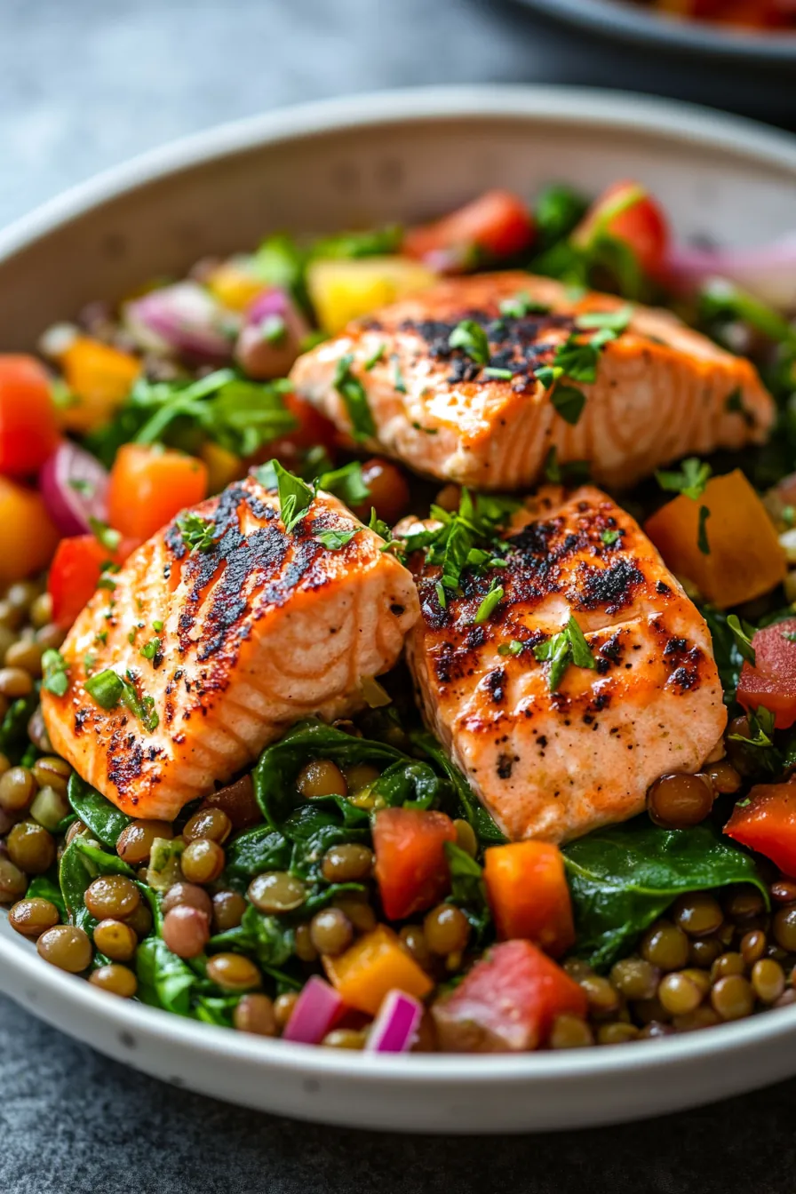 One Pot Wonder: Salmon Spinach and Lentil Salad