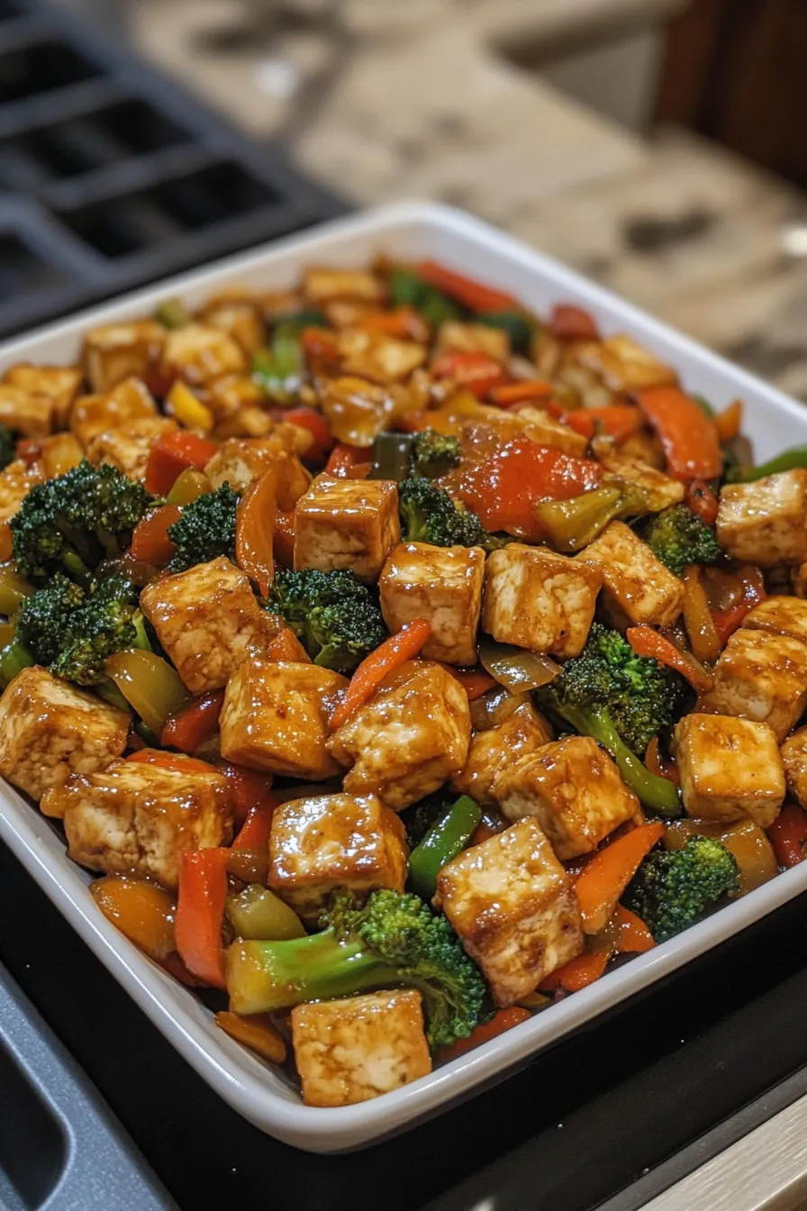 High protein tofu stir fry with colorful seasonal vegetables, glistening in a soy glaze, topped with sesame seeds and fresh herbs.