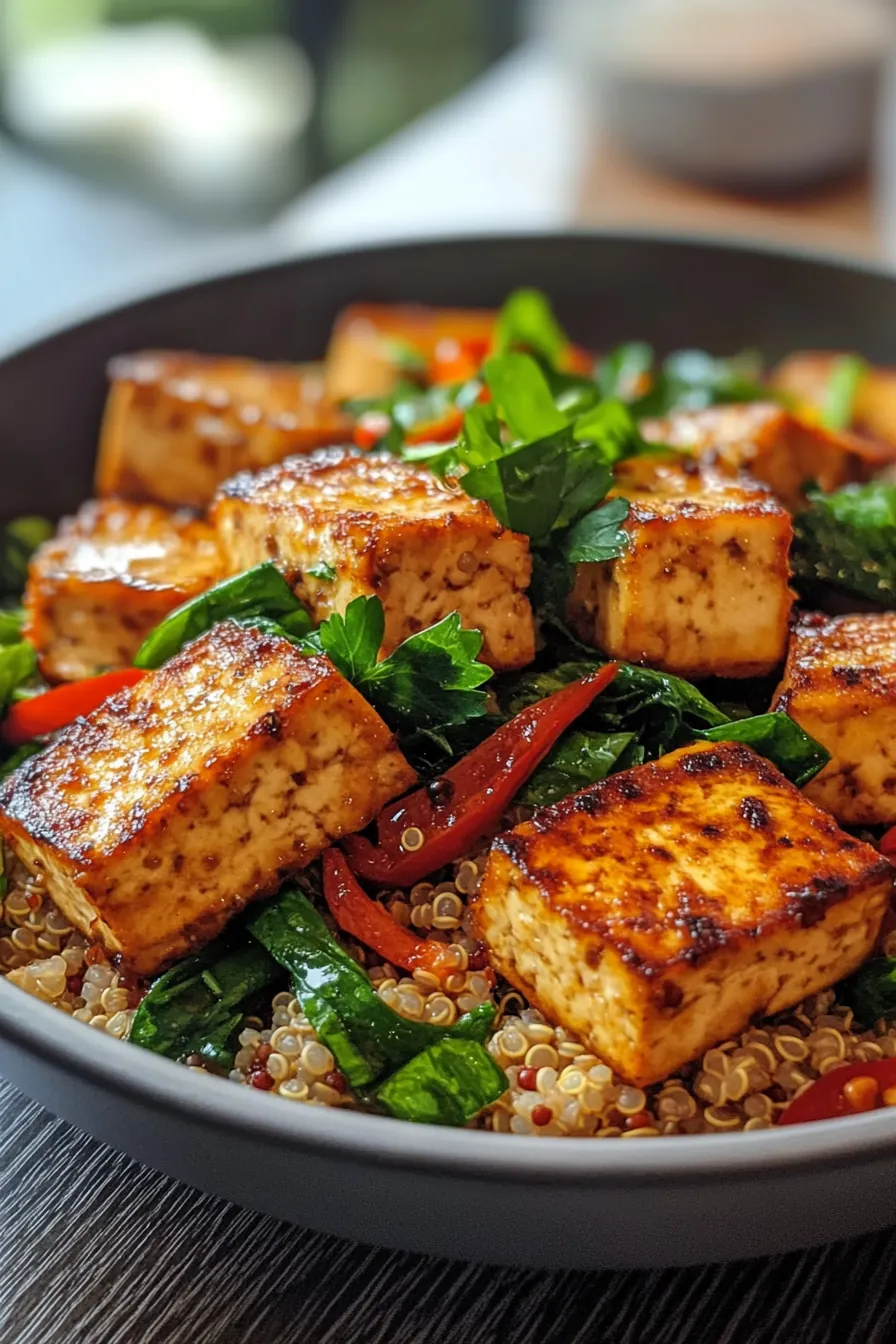 Sizzling Smoky Tofu with Quinoa and Seasonal Greens recipe photo