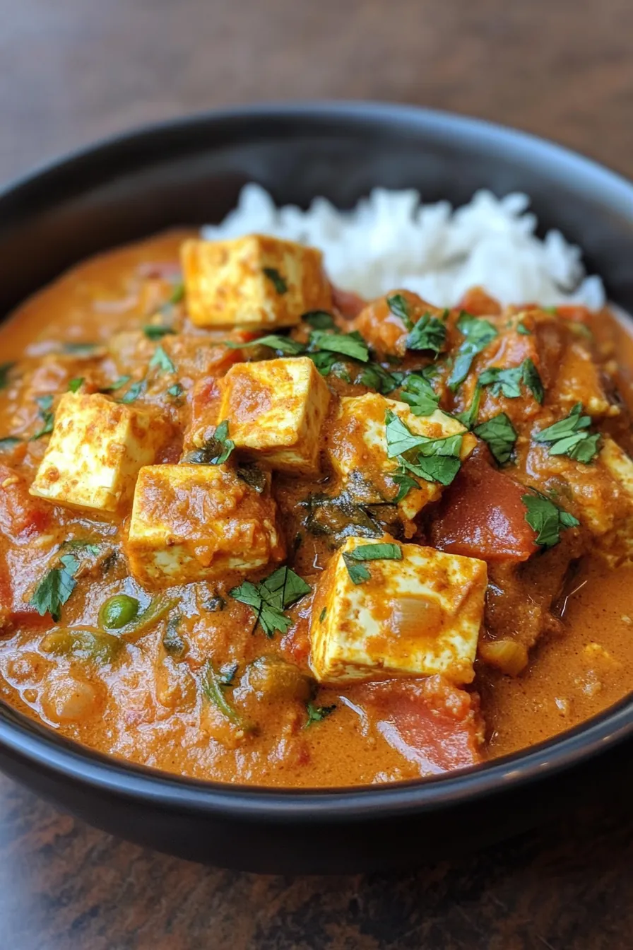 A vibrant bowl of spicy Indian tofu curry, garnished with fresh cilantro and served with steaming basmati rice, showcasing the rich color and texture of this high protein tofu dish.